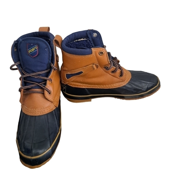 SPORTO Duck boots short booties winter slush rain all weather tan blue worn M 7 - Picture 3 of 11